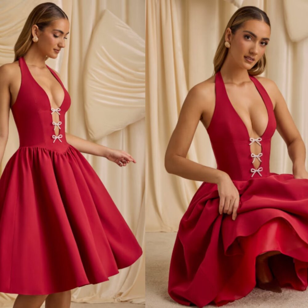 Angelina Halterneck Bow-Detail Midi Dress in True Red NWT